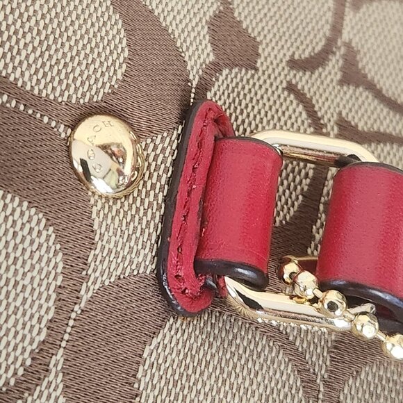 Like New Coach City Signature Khaki & Red Leather Shoulder Bag Purse Satchel - Picture 9 of 15